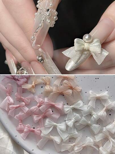 2 chiếc nơ trang trí móng tay bằng vải organza ngọc trai mộng mơ, nơ ruy băng organza, trang trí móng tay, dụng cụ tự làm móng nghệ thuật, móng tay lấp lánh.