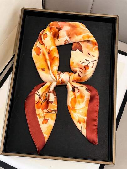 1 pieza Pañuelo de mujer con estampado geométrico y floral de dibujos animados, accesorio de pañuelo de seda para la cabeza, el cuello y el nudo, adecuado para uso diario