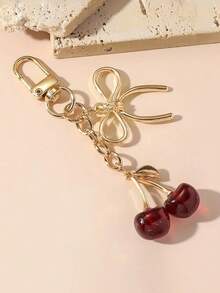 1pc Unisex Red Cherry Keychain, Fashionable Bow Pendant Design, Luxury Style Delicate Bag Charm - Multicolor - View 1