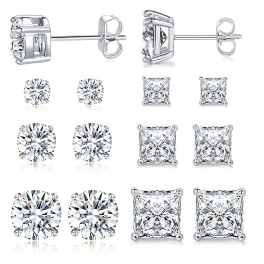 MDFUN 6 Pairs Stud Earrings Set 3mm/5mm/7mm Princess and Round Cubic Zirconia Earrings Hypoallergenic 316L Surgical Stainless Steel CZ Earrings for Women Men - Chapado en oro blanco - Ver 1