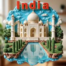 Nam châm dán tường hình Taj Mahal, mây và sóng: Khung hình không đều với mây và sóng nước, mái vòm bằng đá cẩm thạch, tháp minaret và vườn Ba Tư, chữ "INDIA" mạ vàng nổi – Một lát cắt lãng mạn thời Mughal lơ lửng trên tủ lạnh của bạn. - Taj Mahal, Ấn Độ - Xem 1