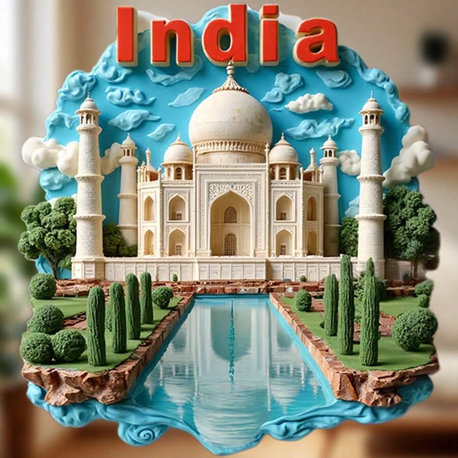 Nam châm dán tường hình Taj Mahal, mây và sóng: Khung hình không đều với mây và sóng nước, mái vòm bằng đá cẩm thạch, tháp minaret và vườn Ba Tư, chữ "INDIA" mạ vàng nổi – Một lát cắt lãng mạn thời Mughal lơ lửng trên tủ lạnh của bạn. - Taj Mahal, Ấn Độ - Xem 1