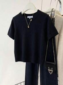 Top de punto acanalado de unicolor, de moda para primavera/verano, adecuado para el hogar y el uso diario en color negro - Negro - Ver 4