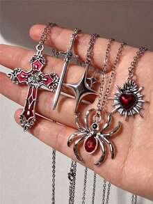 5件套复古哥特式十字架、红心、蜘蛛、蝴蝶、剑、星星、融化的心形Y2K项链套装，男女皆宜 - 銀色 - 查看 4