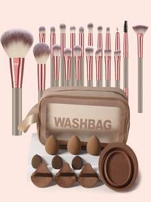 Bộ dụng cụ trang điểm 31 món bao gồm: Bộ 20 cọ trang điểm + 3 bông mút trang điểm + 3 bông phấn tam giác + 3 bông phấn mini + 1 dụng cụ vệ sinh cọ trang điểm + 1 túi đựng mỹ phẩm và đồ dùng cá nhân đa năng có khóa kéo chống thấm nước - màu nâu - Xem 1