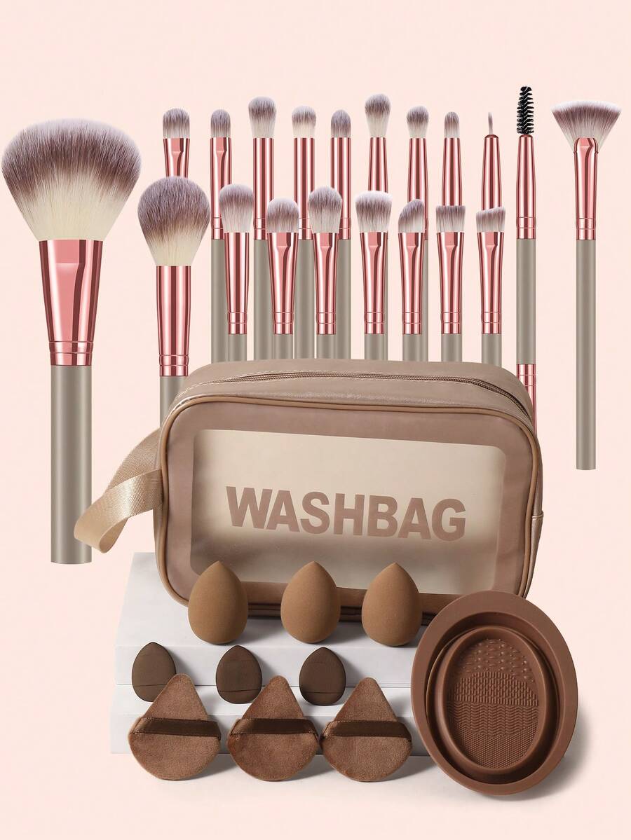 Bộ dụng cụ trang điểm 31 món bao gồm: Bộ 20 cọ trang điểm + 3 bông mút trang điểm + 3 bông phấn tam giác + 3 bông phấn mini + 1 dụng cụ vệ sinh cọ trang điểm + 1 túi đựng mỹ phẩm và đồ dùng cá nhân đa năng có khóa kéo chống thấm nước - màu nâu - Xem 1