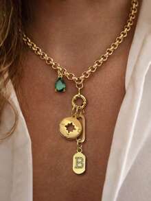1PC Gold Donut Shaped A-Z Letter Necklace With Compass And Green Diamond Chain, Unique Luxury Style, Suitable For Women's Daily Work Decoration - Yellow Gold - View 19