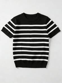 Camiseta de punto de cuello redondo de manga corta con rayas para niños preadolescentes, de verano - Negro - Ver 4
