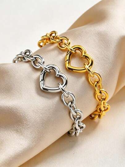 1 pieza Pulsera minimalista de cadena gruesa con broche de acero inoxidable con forma de corazón, color plateado/dorado, joyería de verano