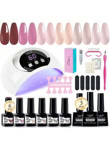 Neutral Gel Nail Polish Kit With U V Light 54W Nail Lamp Halloween 6 Colors Nude Pink Brown Soak Off Gel Nail Polish Set Nail Gel Kit No Wipe Base Top Coat Gel Manicure Kit DIY Home Tools - 玫紅色 - 查看 10