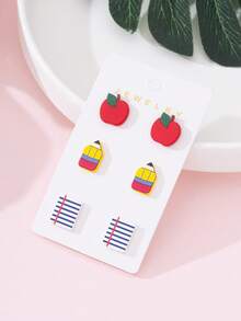 3 Pairs/Set Apple, Pencil, Notebook Enamel Faux Soft Clay Earrings Jewelry Set, Gift For Teachers And Students - Multicolor - View 2