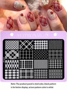 1片格子美甲印花板，菱形格子图案Y2K风格印花模板，美甲配件工具，美甲沙龙用品 - 彩色 - 查看 2
