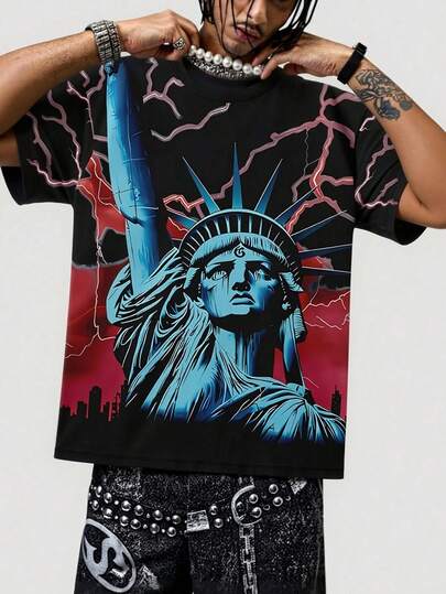 Áo thun nam tay ngắn cổ tròn in hình tia sét phong cách retro dáng rộng