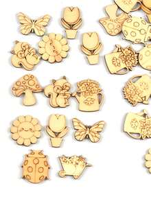 50pcs 2-2.8cm Natural Wood Tone Assorted Patterns (Mushroom, Butterfly, Etc.) Unfinished Blank Wood Slices, DIY Craft Decorative Accessories - Multiple Mix - View 3