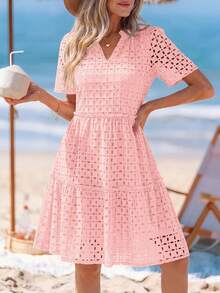 Women's Summer Dress V-Neck Hollow Eyelet Ruffle A-Line Hem Elegant Short Casual Wedding Graduation Travel Beach Holiday Vacation Pink Easter Dresses For Women - Hồng - Xem 5