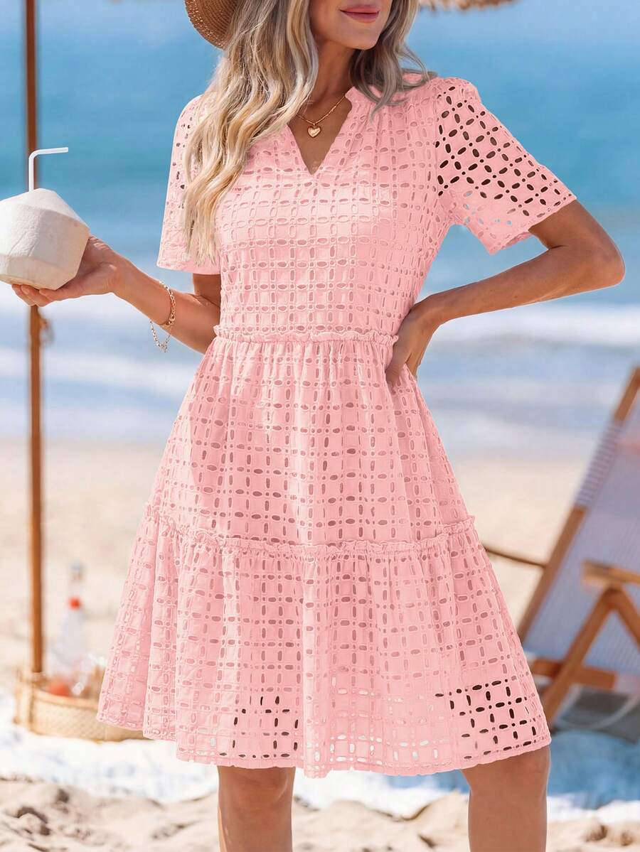 PRETTYGARDEN Women's Summer Dress V-Neck Hollow Eyelet Ruffle A-Line Hem Elegant Short Casual Wedding Graduation Travel Beach Holiday Vacation Pink Dresses For Women - 粉色 - 查看 1