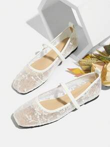 女士舒适套脚平底鞋，欧美风玛丽珍平底鞋，春夏透气网面芭蕾舞鞋，方头镂空软底鞋 - 白色 - 查看 1