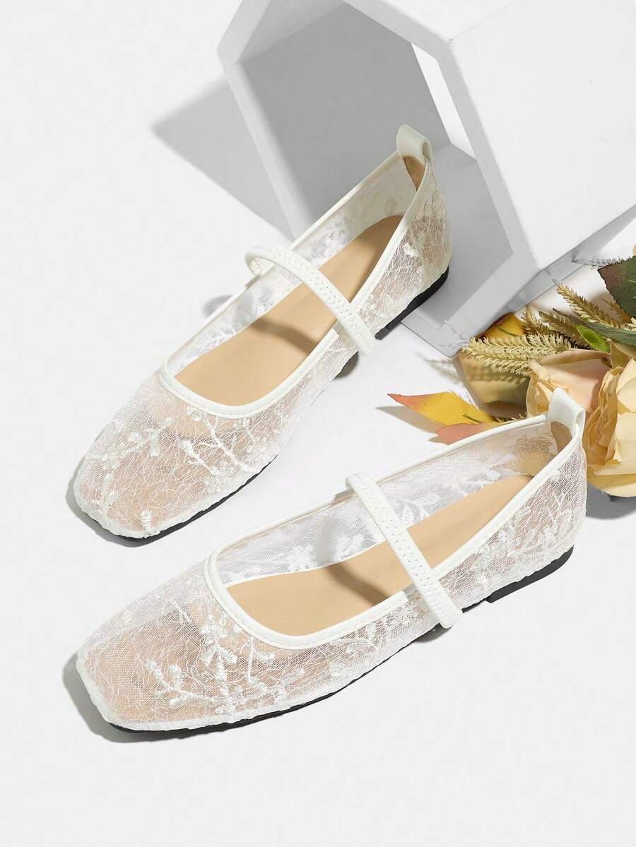 女士舒适套脚平底鞋，欧美风玛丽珍平底鞋，春夏透气网面芭蕾舞鞋，方头镂空软底鞋 - 白色 - 查看 1