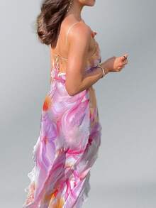 French Print Dress With Straps, Ruffles And An Irregular Cut For Spring - Purple - View 4