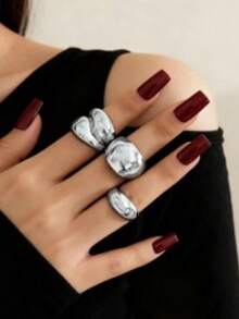 3pcs Asymmetrical Lava Style Rings Set, Minimalist Luxury Gold & Silver Dual-Tone Stacking Rings, Elegant Commuter Rings For Women - Geometric 3-piece Set - View 1