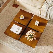 Square Coffee Table With Solid Wood Veneered Split Top Recessed Base For Apartment - 鐵鏽棕色和黑色 - 查看 2