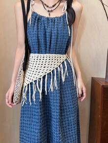 Bohemian Style Mesh Lace Belt, Suitable For Women, Versatile Accessory, Can Be Paired With Dresses, Jeans, Also Can Be Used As Waist Decoration, Suitable For Beach/Photography Occasions. Knitted Headband, Autumn/Winter Headband, Women's Holiday Costume Headpiece, Elegant Scarf, Soft Headband. - trắng - Xem 2