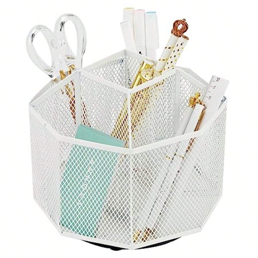 Annova - Organizador de computadora de malla giratorio con 5 compartimentos para caramelos/bolígrafos oficina suministros de arte almacenamiento aula hogar blanco - Blanco - Ver 1