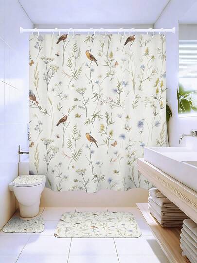 Bộ rèm phòng tắm họa tiết hoa lá và chim sẻ kiểu Pháp (1/3/4 món), kích thước 72in*72in - Họa tiết hoa bồ công anh mùa xuân, bướm và ong, chống thấm nước, bền bỉ - Bao gồm nắp bồn cầu, thảm chữ U và thảm chống trượt, làm từ vải dệt kim polyester - Có thể giặt, chống nấm mốc - Thích hợp cho mùa xuân, nhà ở/khách sạn/ký túc xá/cắm trại ngoài trời/phong cách phương Tây/trang trí phòng tắm ngày lễ, đồ dùng cần thiết cho năm học mới, quà tặng tân gia/Ngày của Mẹ. [Đi kèm 12 móc]