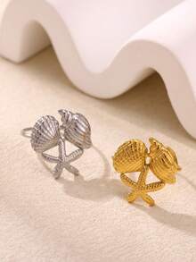 1pc Stainless Steel Gold-Plated Vacuum Electroplated Starfish & Shell Themed Vacation Style Ring, Suitable For Women - Multicolor - View 7