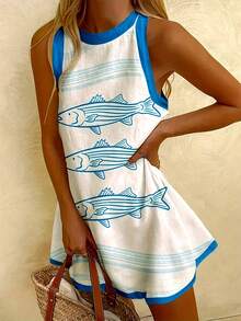 Women's Fresh Blue-White Stripe Fish Print Sleeveless Tank Dress, Contrast Trim Loose A-Line Mini Dress, Summer Casual Dress - 彩色 - 查看 1