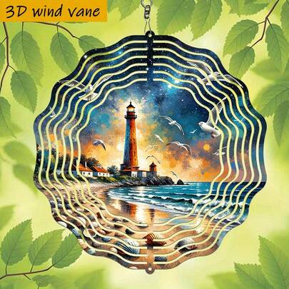 1 chiếc chuông gió 3D hình ngọn hải đăng và chim mòng biển với móc xoay 360° - Chuông gió hình ngọn hải đăng bầu trời sao, chim mòng biển và sóng biển bằng sắt, cao 10 inch, thích hợp trang trí trong nhà/ngoài trời, sân vườn, ban công, đám cưới, Giáng sinh, Lễ Phục sinh - Không cần pin/nguồn điện, kiểu dáng ngẫu nhiên để tự trang trí treo (Không bao gồm mặt dây chuyền)