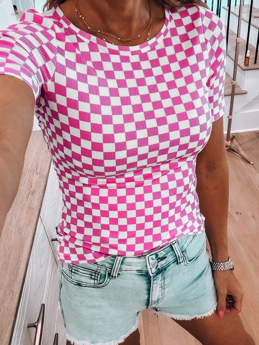 Acelitt Summer Colorblock Checkerboard Print Ribbed Fitted Round Neck Short Sleeve Fuchsia T-Shirt, Suitable For Outings Casual - Hot Pink - View 1