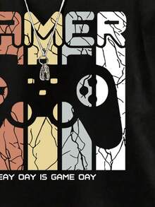 Conjunto casual diario de camiseta de manga corta con cuello redondo y estampado de videojuegos, y pantalones cortos para niño - Negro - Ver 4