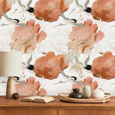 Oriental Japanese Crane Pattern Self-Adhesive Wallpaper, Vintage Floral Wallpaper Suitable For Bedroom, Living Room, Bathroom, Removable Crane Bird Wall Sticker