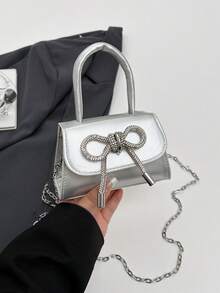 蝴蝶结迷你手提包，韩版时尚女士新款简约链条单肩斜挎包 - 銀色 - 查看 6