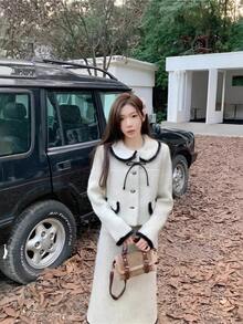 Women Two-Piece Outfits - Beige Coat + Skirt [two-piece Set] - View 5
