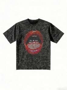 Comfortable All-Day Wear Acid Wash T-Shirt, Streetwear Regular Fit T-Shirt, Pinterest Style Avant-Garde Human Body Art Cross Print, Soft Washed-Effect Fabric - Black - View 4