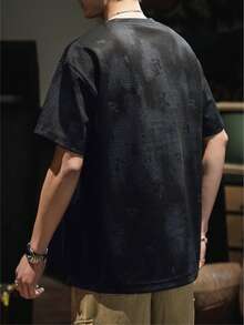 男士夏季亨利领休闲宽松舒适印花T恤 - 黑色 - 查看 4