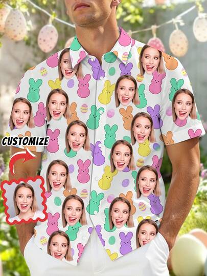1pc Customizable Men's Easter Shirt, Upload Personal Photos & Prints, Couple Matching, Button-Down Casual Shirt With Funny Face Design, Holiday & Vacation Casual Style, Suitable For Daily, Vacation, Holiday Celebration, Customizable Men's Casual Loungewear, Perfect Gift For Friends And Family