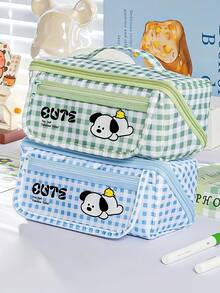 1pc Cute Large Capacity Plaid Check Dog Pencil Case, Cartoon Multifunctional Stain Resistant Stationery Bag, Flip-Top Magnetic Buckle Stationery Pouch Clear Transparent Front Pocket For Primary School Students - Multicolor - View 4