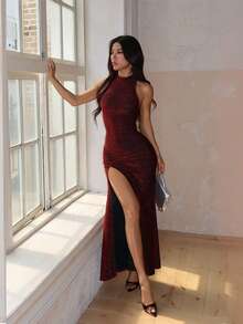 一件优雅性感的高开衩亮片针织连衣裙，适合约会、婚礼、生日、派对、正式晚宴、夏季、毕业典礼、外出、舞会、节日派对等场合。 - 酒紅色 - 查看 6
