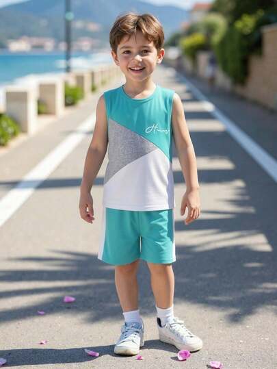 2件套男童休闲街头薄荷绿撞色字母印花背心和短裤套装
