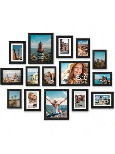 8x10英寸、5x7英寸、4x6英寸多尺寸相框套装，可用于照片墙或桌面展示，采用工程木和抗冲击亚克力玻璃制成，黑色