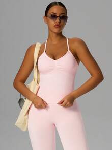 Yefecy Impact Long Strap Sports Crop Top, With Logo, Backless Design, Women's Activewear, Built-In Ruched Sports Bra, Removable Pads, Yoga Camisole Pink Spring - 粉色 - 查看 5