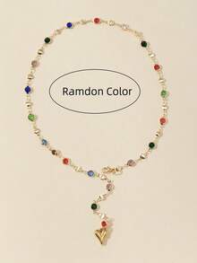 1 件随机颜色玻璃心形和人造珍珠 Y 型项链，闪亮吊坠项链，适合日常佩戴、约会、派对、节日、周年纪念、生日，优雅、奢华、简约、可爱 - 金色彩玻璃 - 查看 4