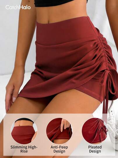 高腰抽绳侧开衩运动短裙，腰带收腹纯色迷你裙，适合夏季网球、高尔夫和瑜伽运动。