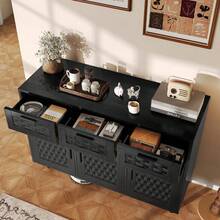 ZSSWSS Kitchen Sideboard With 3 Drawers And 3 Doors Made Of Rattan, Natural Weave Pattern, Rustic Vintage Style, 108 X 40 X 80 Cm, For Living Room And Kitchen, Natural Finish - Black - View 3