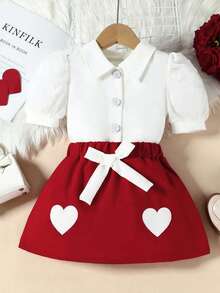2pcs/Set Toddler Girls' Fashion Summer Mesh Petal Sleeve Shirt Top And Heart Bow Decor Skirt Set - Multicolor - View 1