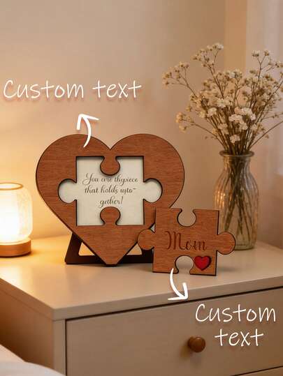 Custom Text Heart Puzzle Wooden Table Decor, Personalized Sign With Stand, Rustic Engraved Puzzle Piece Keepsake Gift, Ideal For Mother's Day, Home & Desk Decor, Suitable For Moms, Grandmas & Family, Perfect For Easter, Mother's Day, Birthdays & Anniversaries, Natural Wood Material, Versatile As Table Centerpiece, Memorial Decor & Sentimental Gift