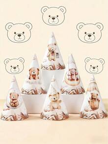 6pcs Teddy Bear Pattern Paper Hats, Baby Shower Party Hats, 1st Birthday Party Decorations, Teddy Bear Birthday Hats, 1st Birthday Decorations, Gender Reveal Party Supplies, Birthday Gifts, Baby Shower Photography Props, Baby Birthday Party Supplies, Baby Shower Party Favors, Party Giveaways, Gender Reveal Decorations - Little Bear - View 1